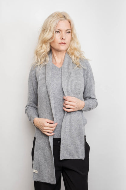Model in grey cowl sweater with long grey cashmere scarf – Love Cashmere NZ
