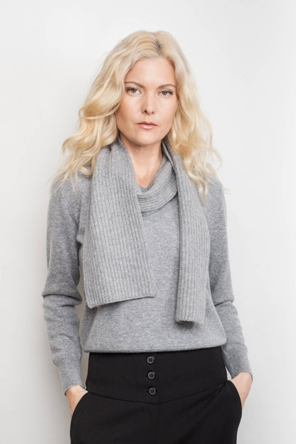 Woman wearing grey slim cashmere scarf tied at neck – Love Cashmere NZ