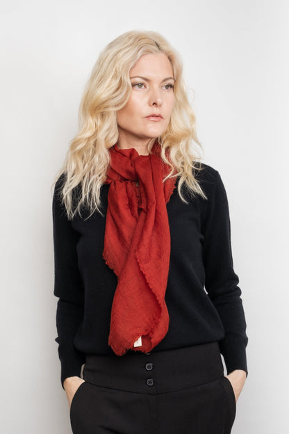 Model in black sweater with sangria red cashmere scarf – Love Cashmere NZ