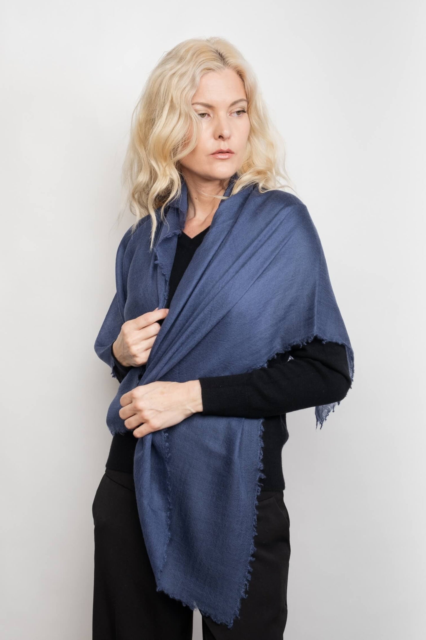 Woman wrapped in berry blue lightweight cashmere shawl – Love Cashmere NZ