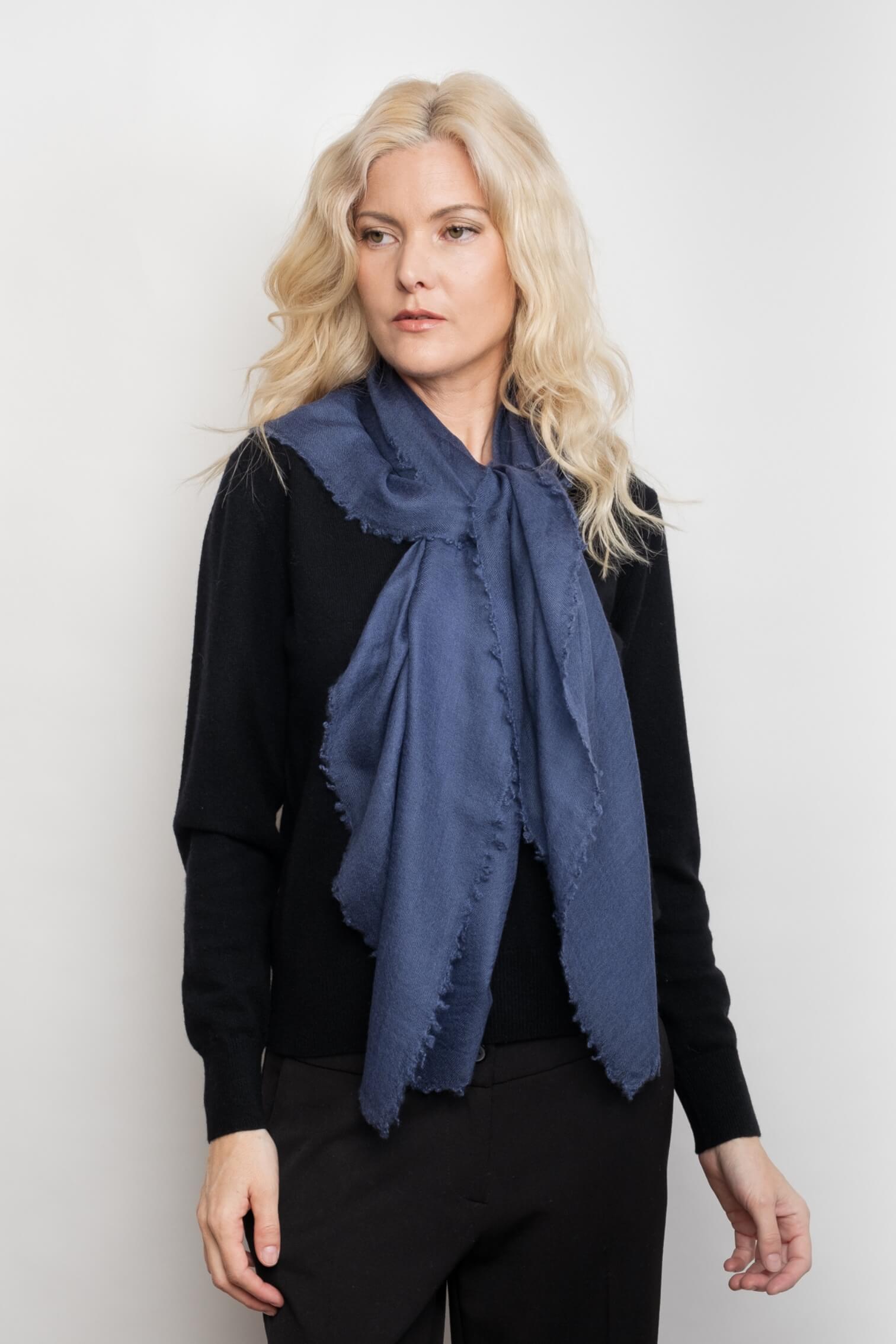 Model with berry blue cashmere scarf draped long – Love Cashmere NZ