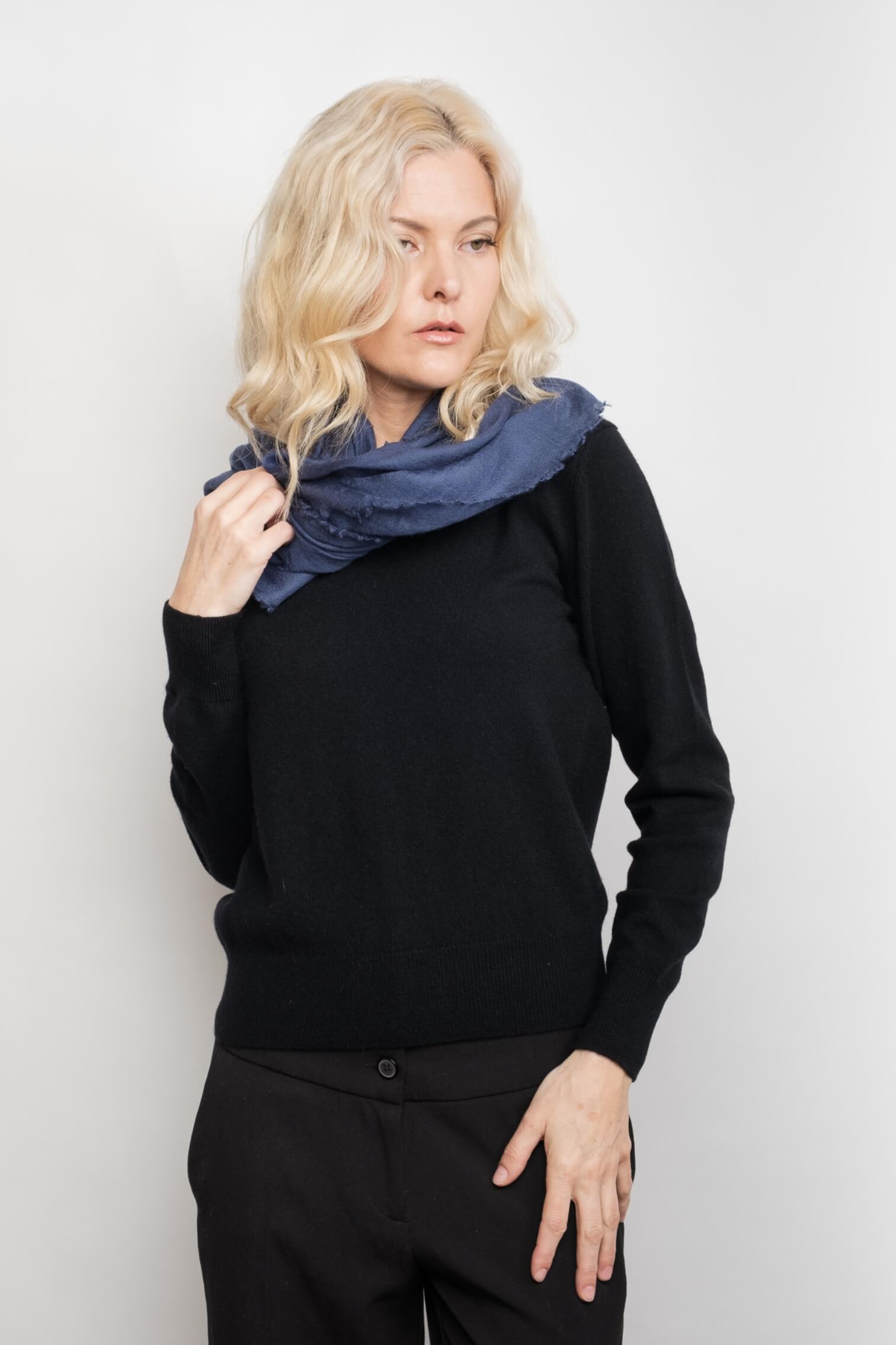 Woman wearing berry blue cashmere scarf looped at neck – Love Cashmere NZ