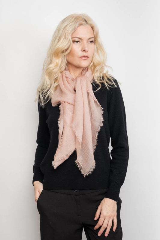 Model in black wearing pale pink cashmere scarf draped – Love Cashmere NZ