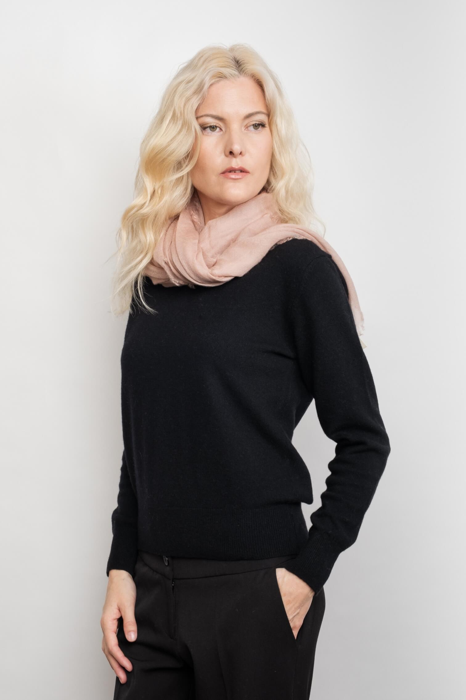 Woman wearing pale pink cashmere scarf looped at neck – Love Cashmere NZ