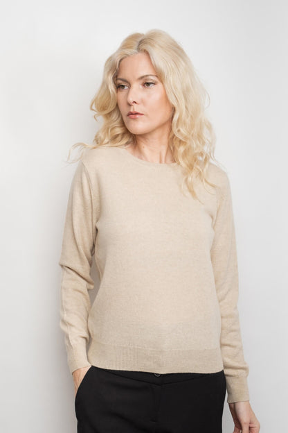 Model in beige cashmere crewneck sweater, front view – Love Cashmere NZ