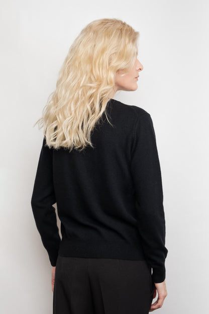 Back view of black ribbed cashmere crewneck sweater – Love Cashmere NZ