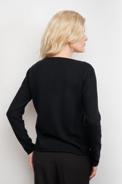 Back view of black relaxed V-neck cashmere sweater – Love Cashmere NZ