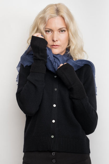 Model in black knit with navy scarf wearing cashmere gloves – Love Cashmere NZ