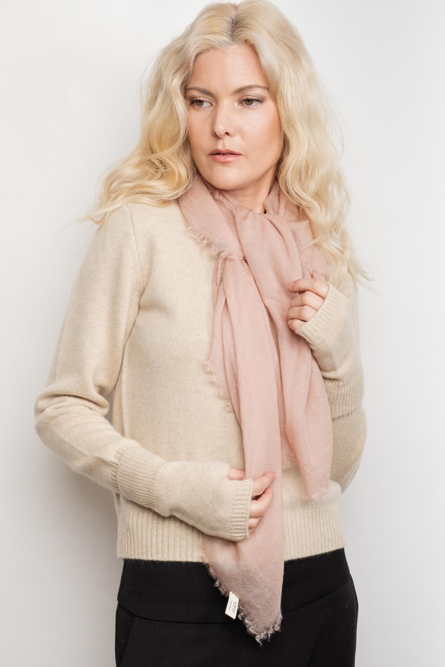 Model with blush pink scarf wearing beige fingerless gloves – Love Cashmere NZ