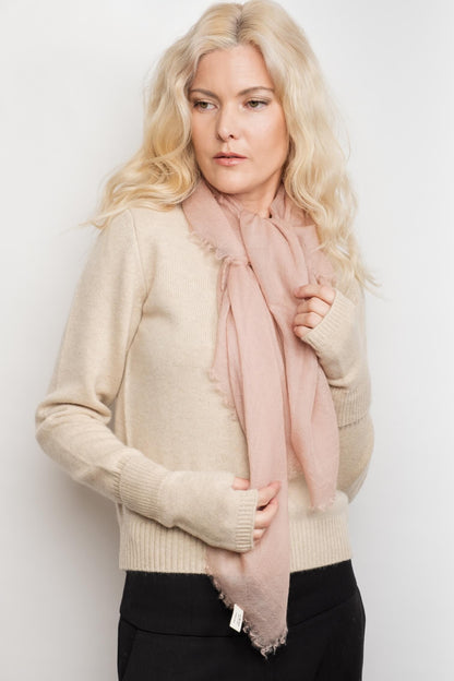 Model with blush pink scarf wearing beige fingerless gloves – Love Cashmere NZ