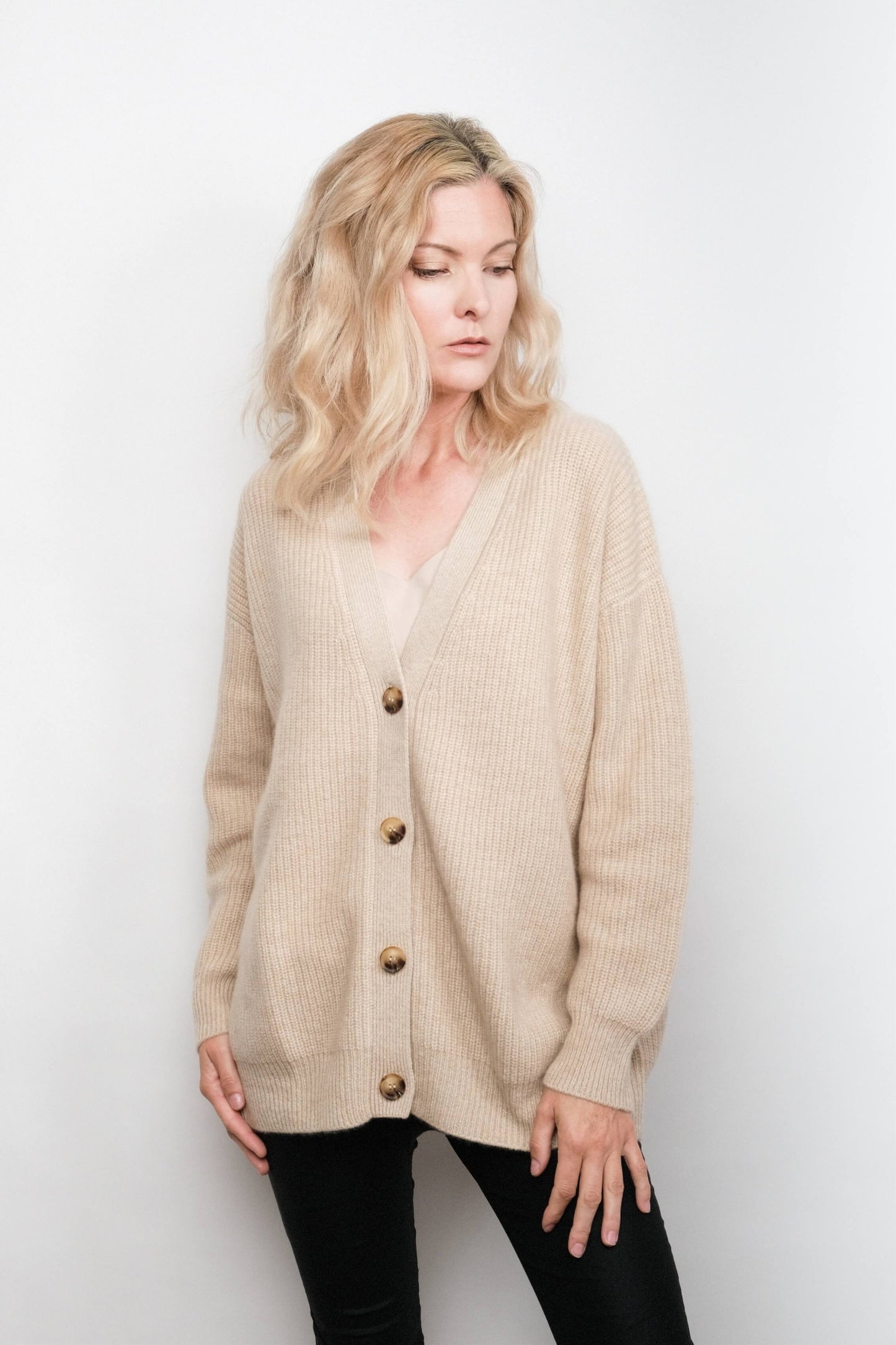Full-length view of buttoned beige cashmere cardigan – Love Cashmere NZ