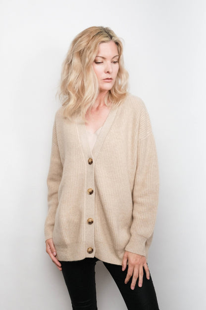 Full-length view of buttoned beige cashmere cardigan – Love Cashmere NZ