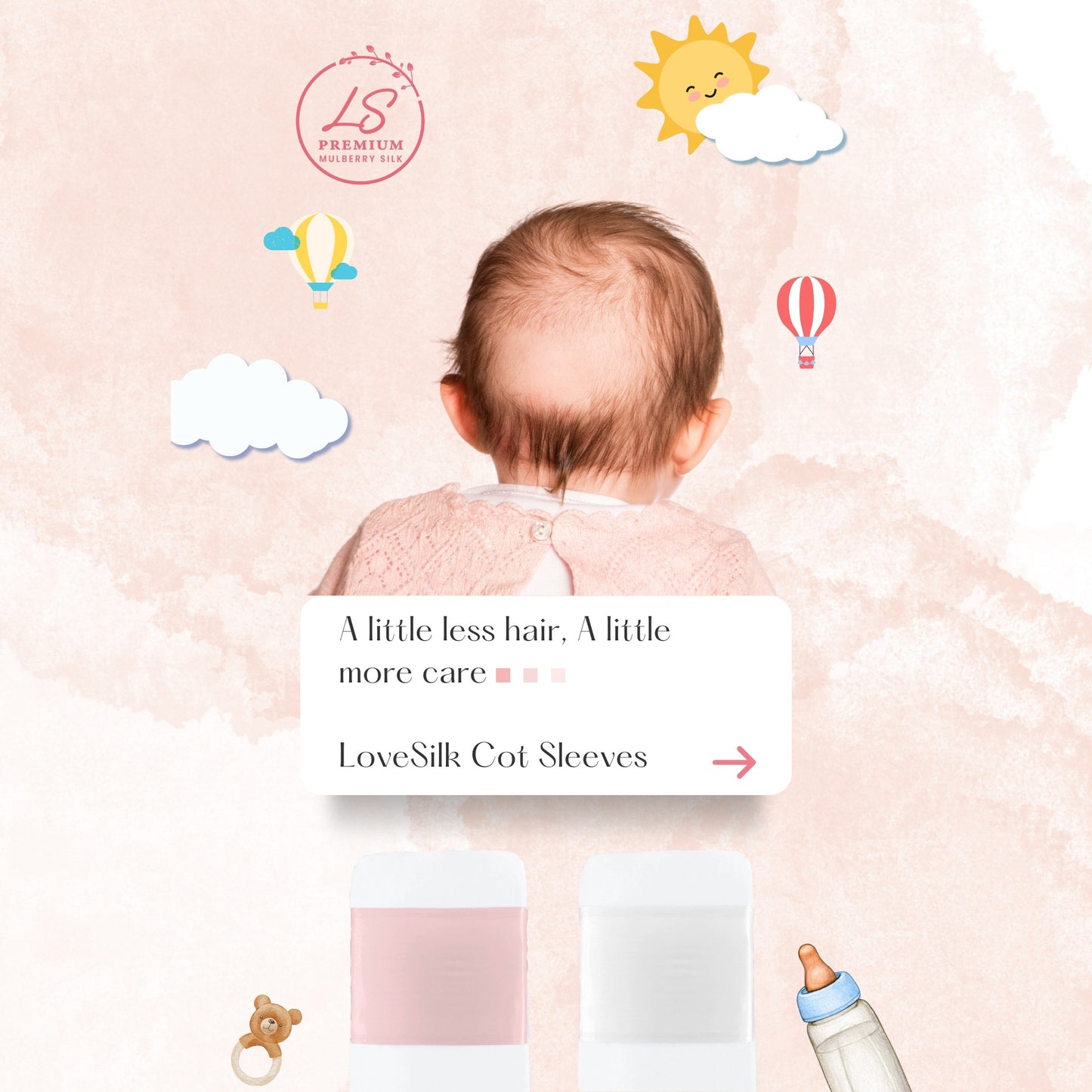 LS Silk cot sleeve infographic with baby and colour swatches – LS Silk NZ