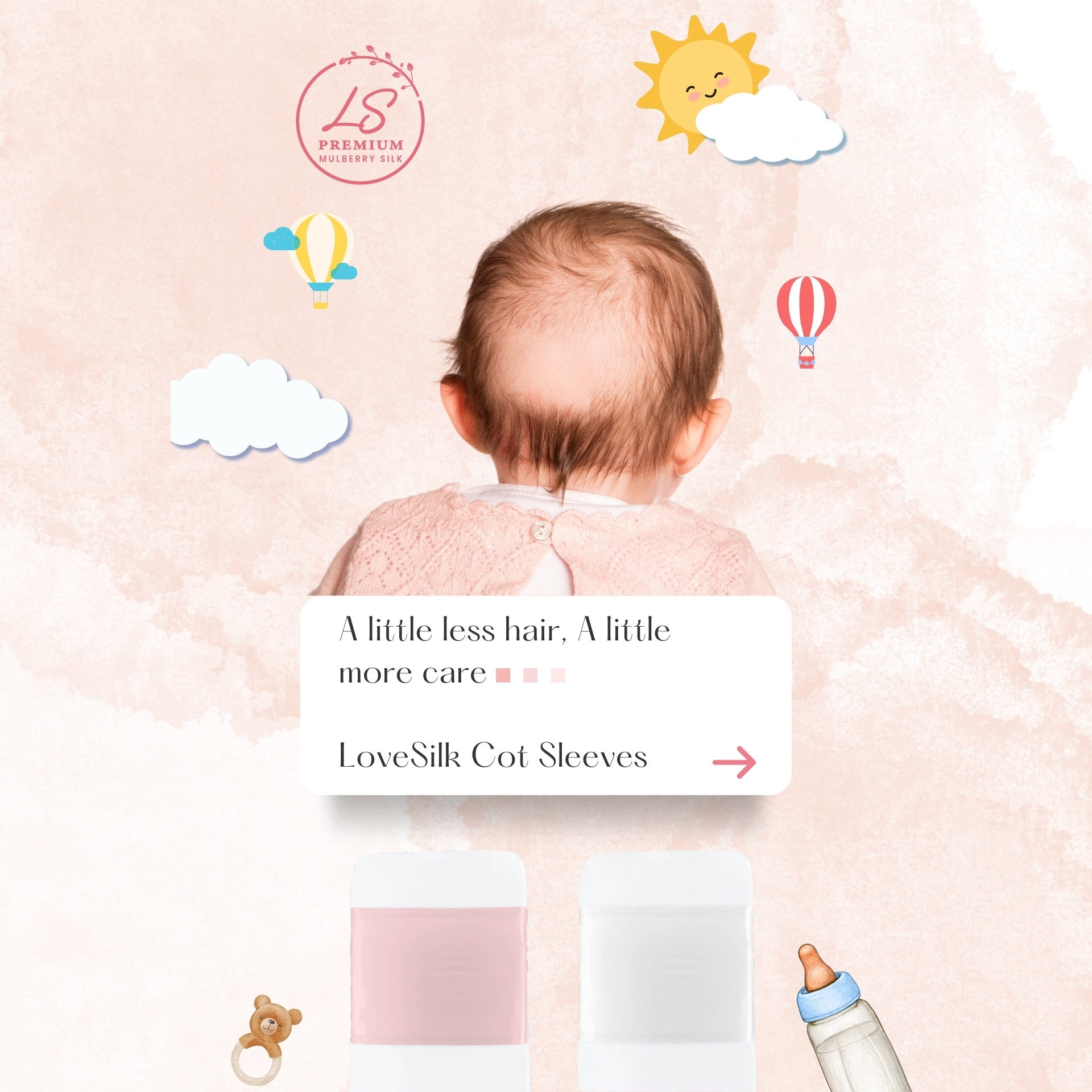 LS Silk cot sleeve infographic with baby and colour swatches – LS Silk NZ
