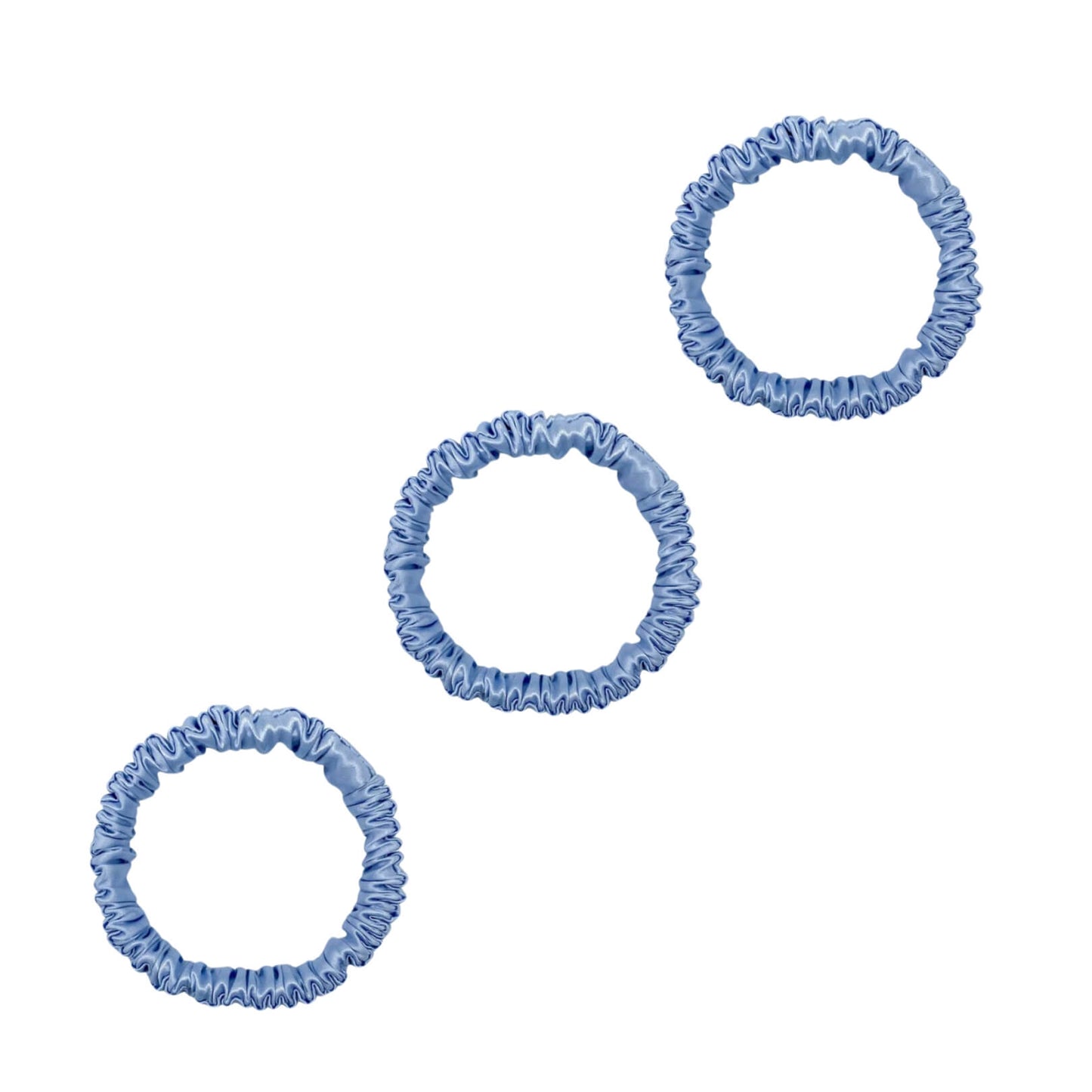 Three sky blue mini mulberry silk scrunchies – LS Silk NZ