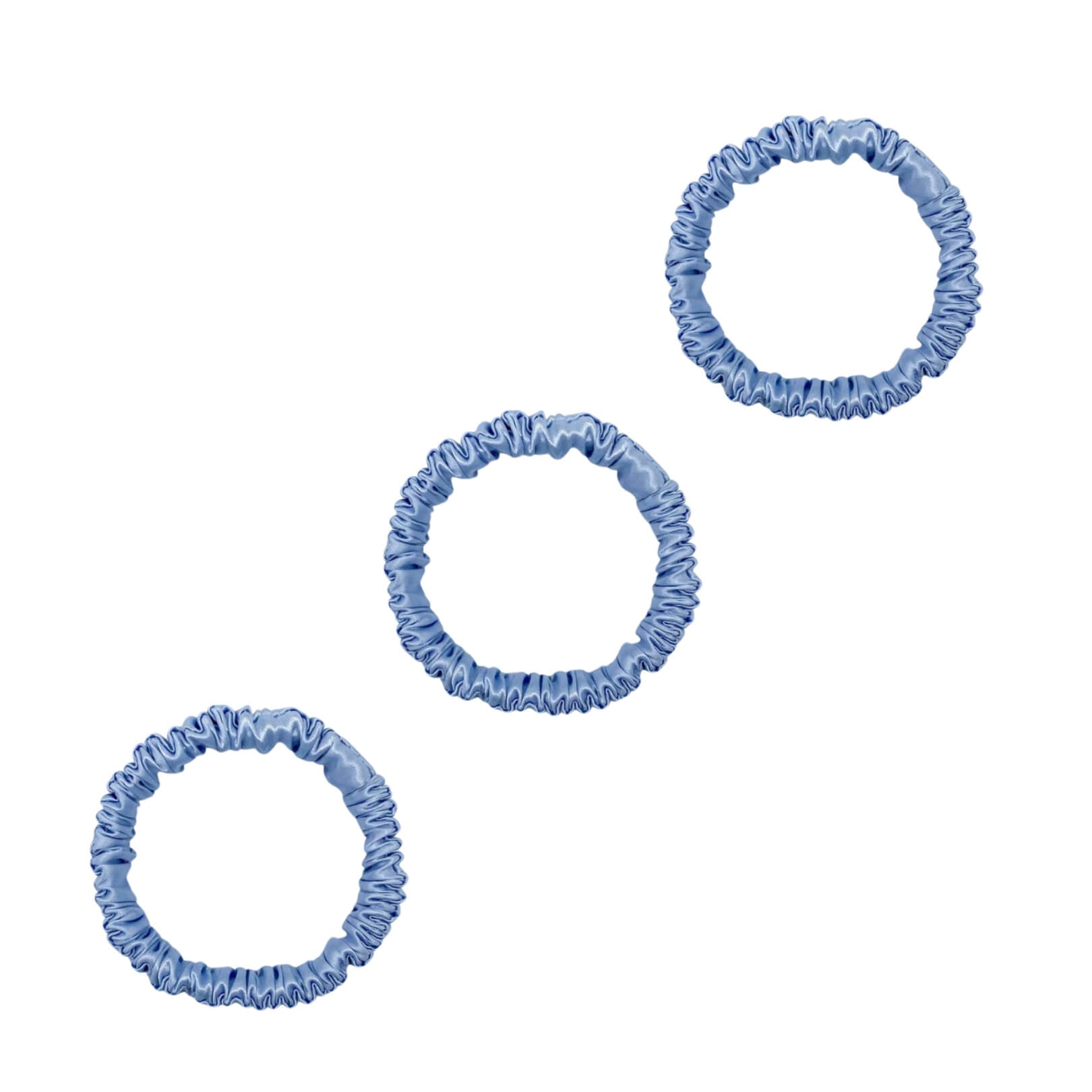 Three sky blue mini mulberry silk scrunchies – LS Silk NZ