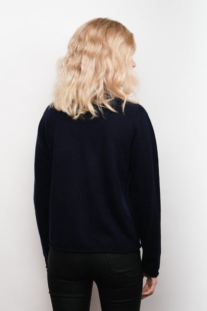Back view of navy relaxed V-neck cashmere sweater – Love Cashmere NZ