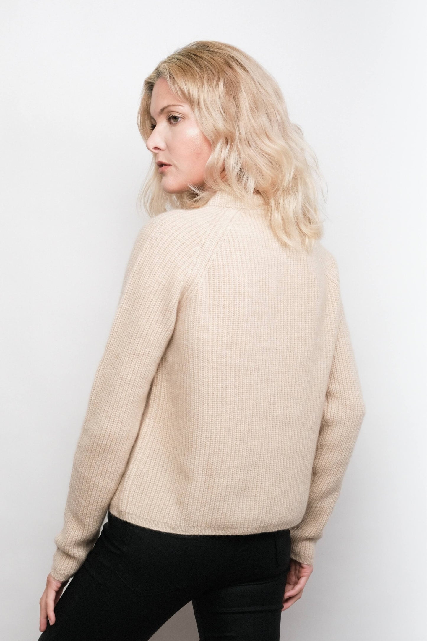 Back view of beige fisherman cashmere sweater – Love Cashmere NZ