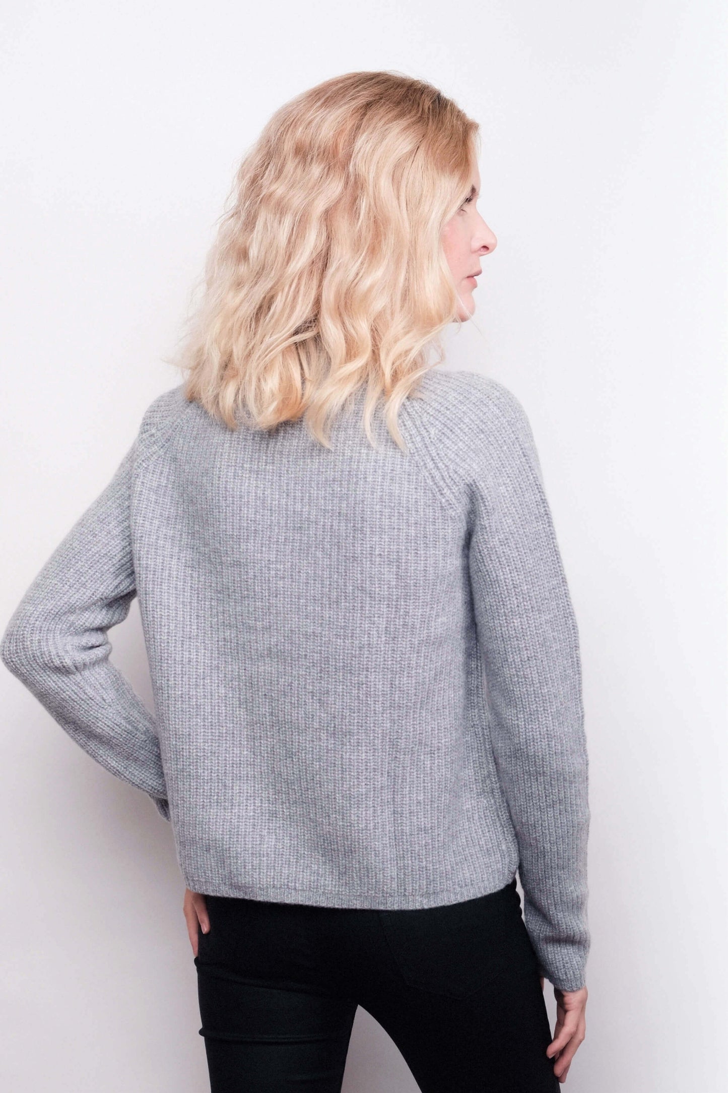 Back view of grey fisherman cashmere sweater – Love Cashmere NZ