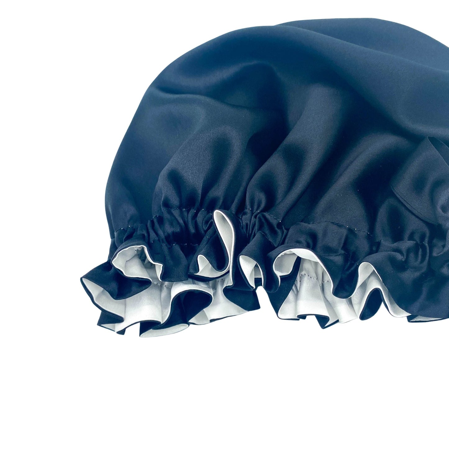 Navy silk turban tilted to show white double-layer lining – LS Silk NZ
