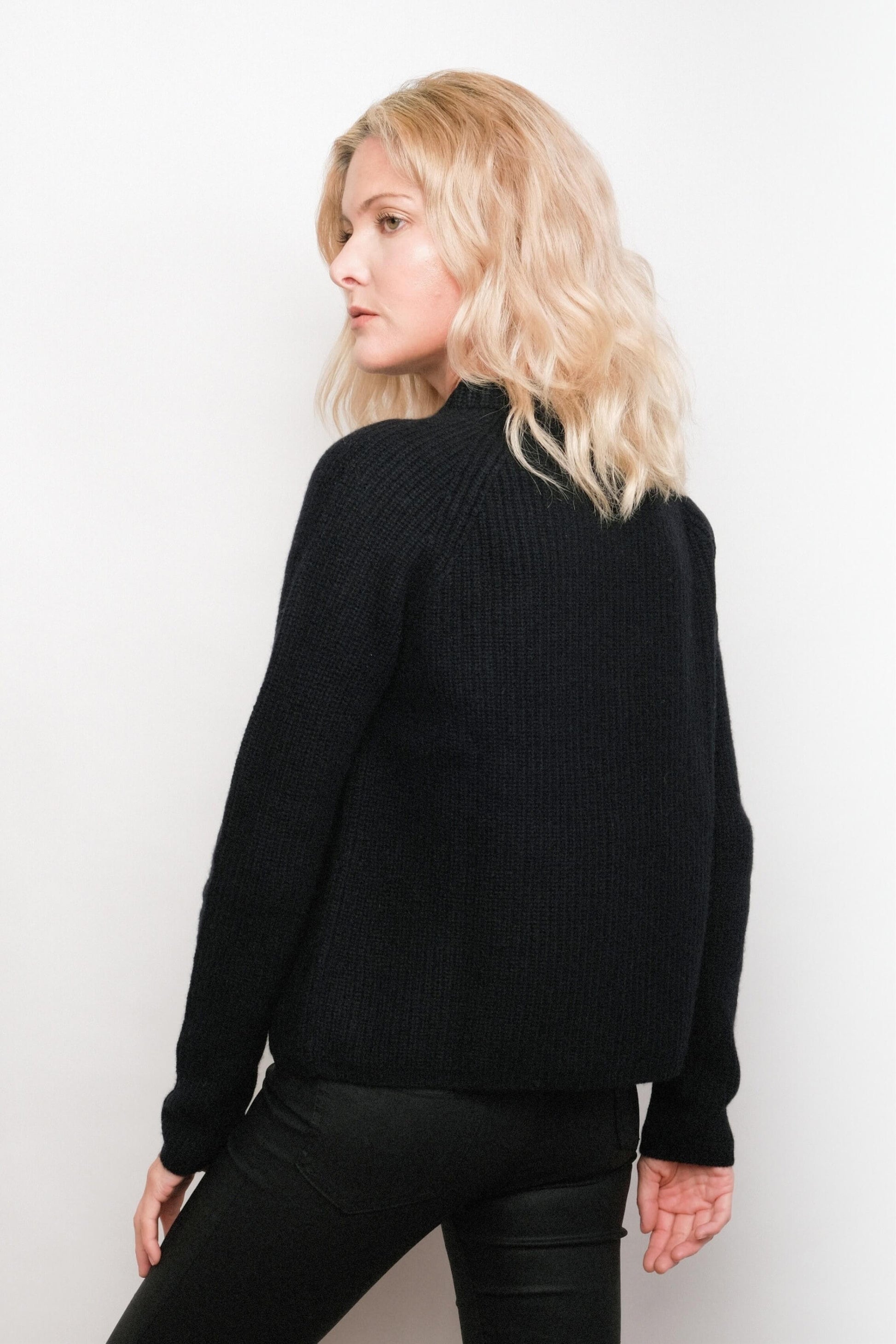 Black ribbed fisherman cashmere sweater, studio view – Love Cashmere NZ
