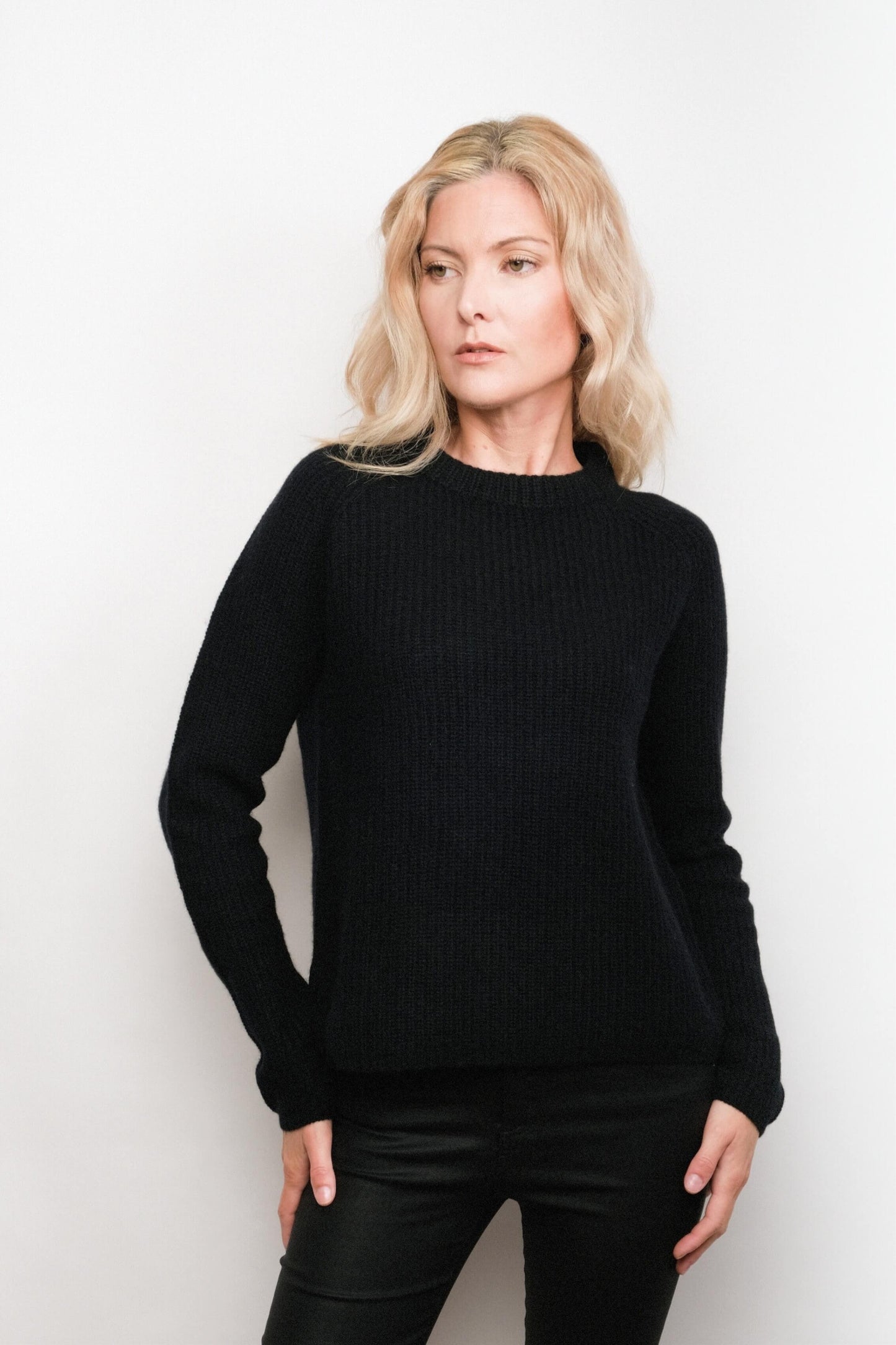 Front view of black fisherman cashmere sweater – Love Cashmere NZ