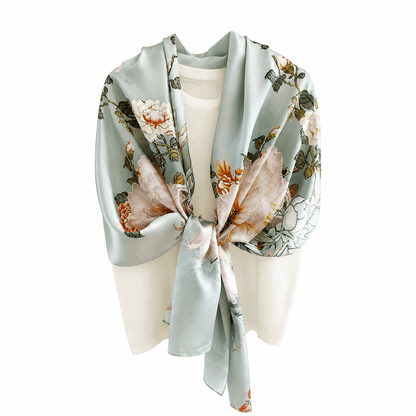 Celadon Peony Pure Mulberry Silk Extra Large Long Scarf