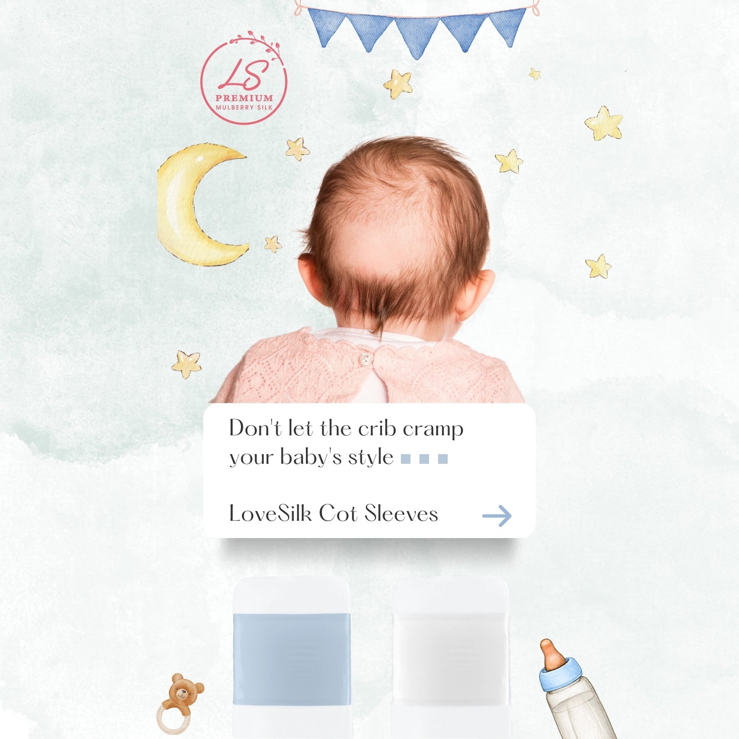 LS Silk cot sleeve infographic with baby and colour swatches – LS Silk NZ