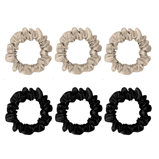 Six small silk scrunchies in champagne and black – LS Silk NZ