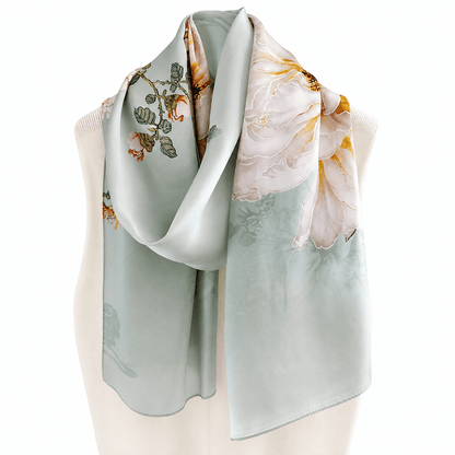 Celadon Peony Pure Mulberry Silk Extra Large Long Scarf