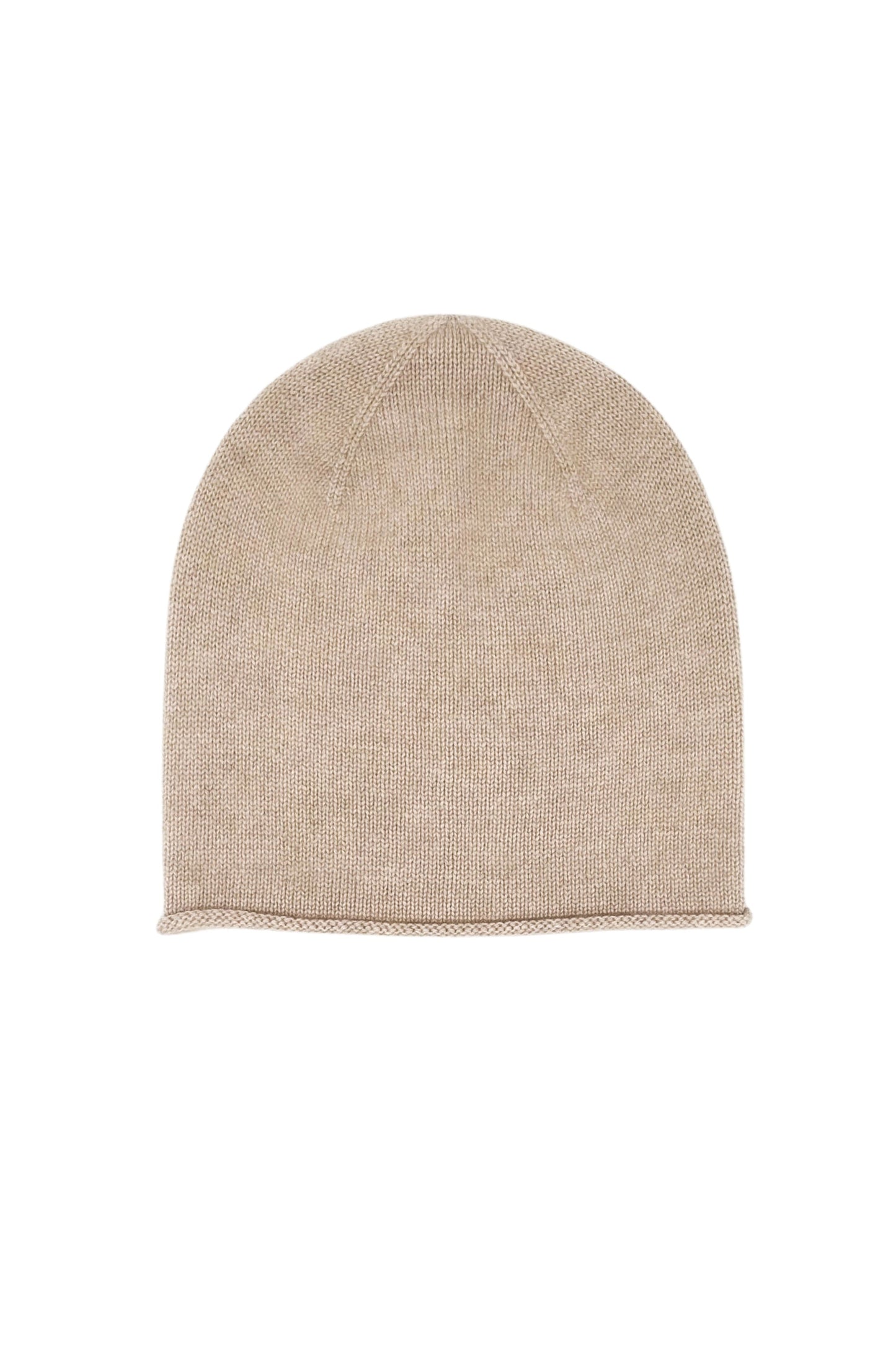 Beige pure cashmere unisex roll-edge beanie, flat product view – Love Cashmere NZ