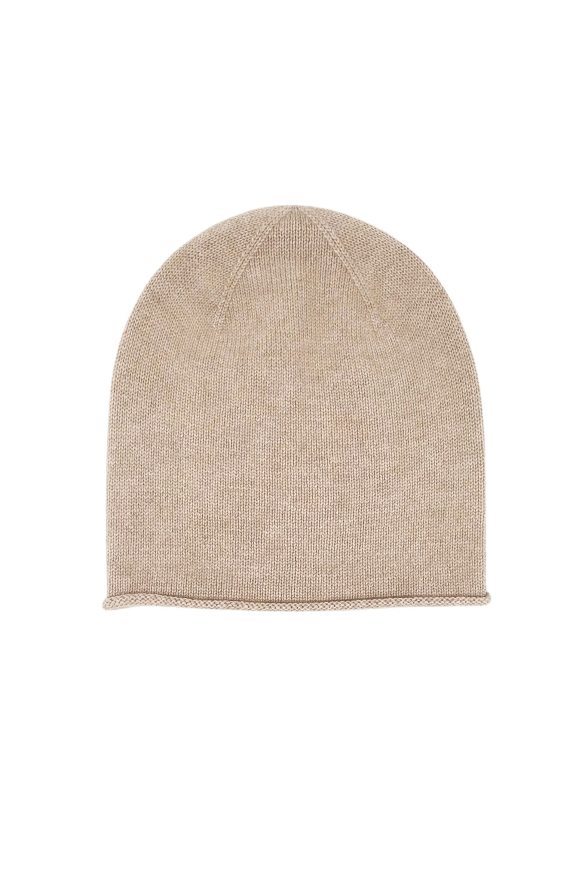 Beige pure cashmere unisex roll-edge beanie, flat product view – Love Cashmere NZ