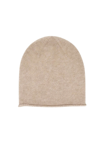 Beige pure cashmere unisex roll-edge beanie, flat product view – Love Cashmere NZ