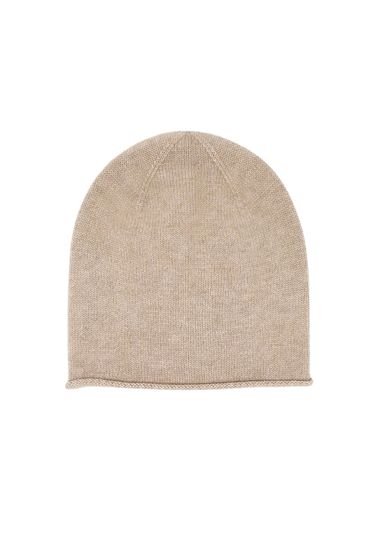 Beige pure cashmere unisex roll-edge beanie, flat product view – Love Cashmere NZ