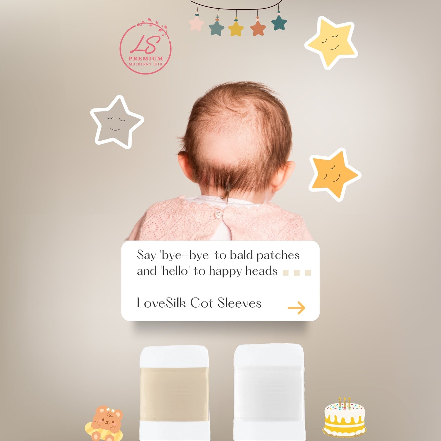 LS Silk cot sleeve infographic with baby and colour swatches – LS Silk NZ