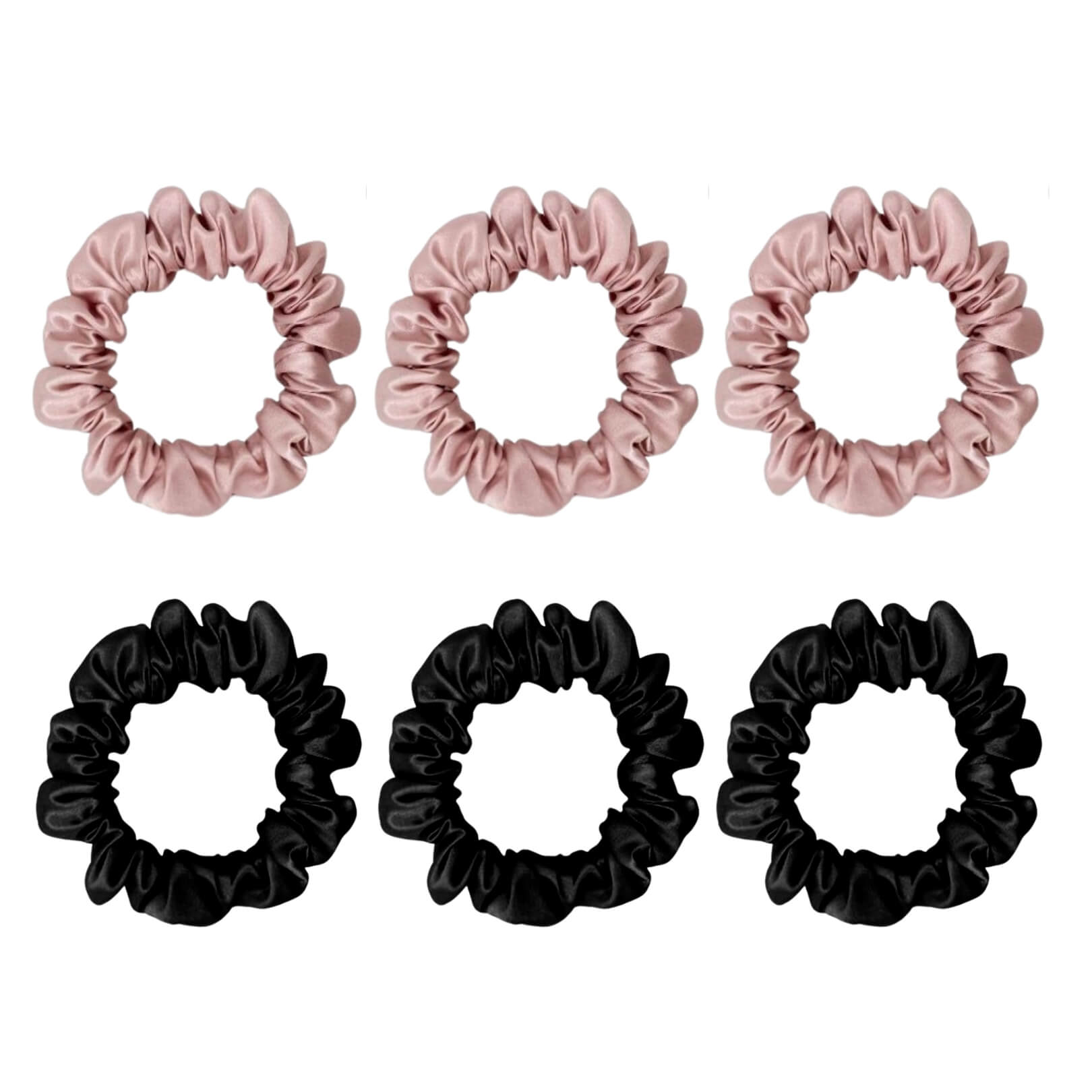 Six small silk scrunchies in pink and black – LS Silk NZ