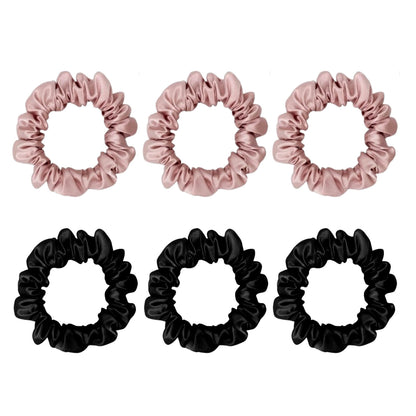 Six small silk scrunchies in pink and black – LS Silk NZ