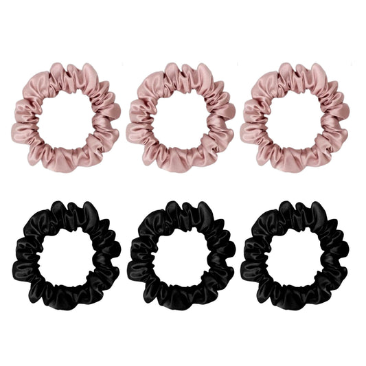 Six small silk scrunchies in pink and black – LS Silk NZ