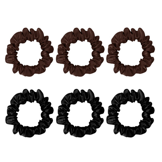 Six small silk scrunchies in chocolate and black – LS Silk NZ