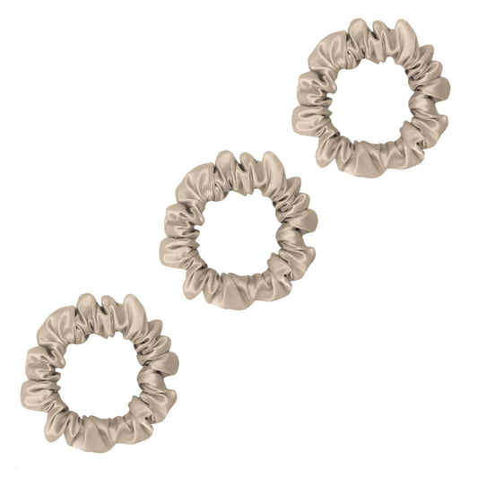 Three champagne gold small mulberry silk scrunchies – LS Silk NZ