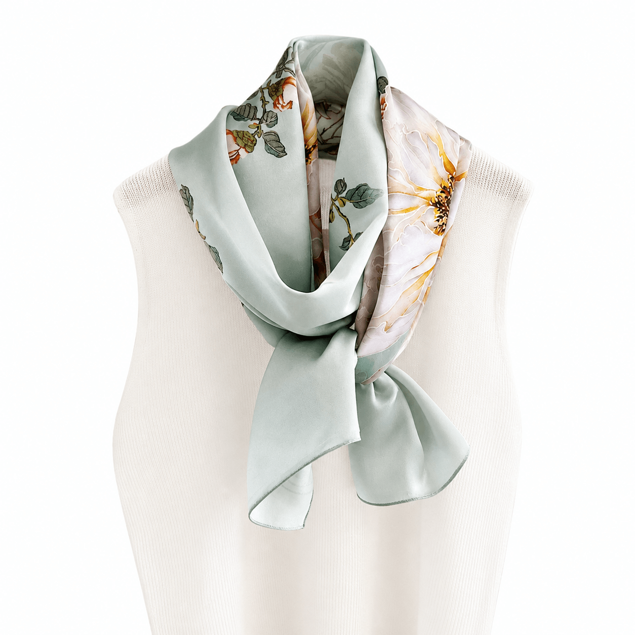 Celadon Peony Pure Mulberry Silk Extra Large Long Scarf