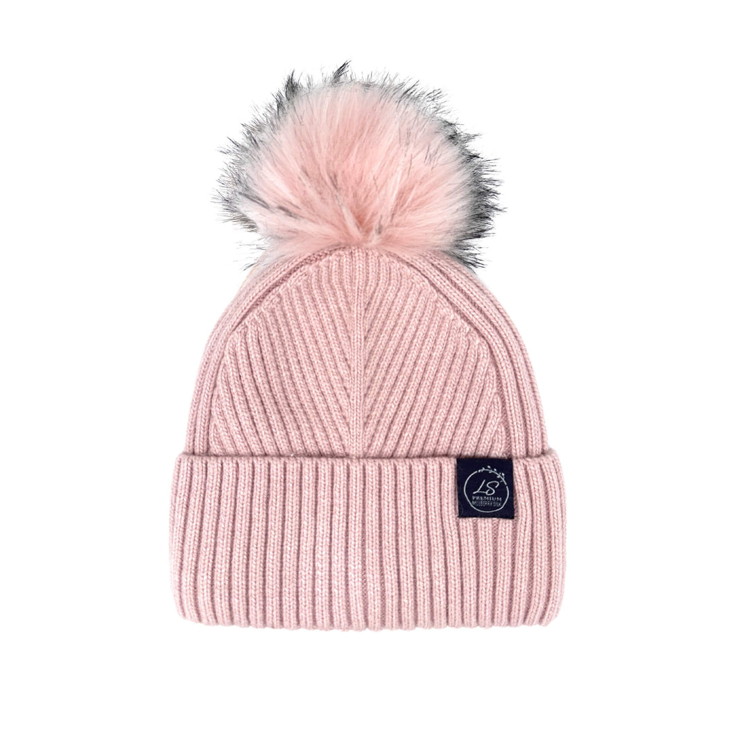 Mulberry Silk-Lined Slim Ribbed Beanie – Cashmere Blend with Removable Pom Pom - Pink
