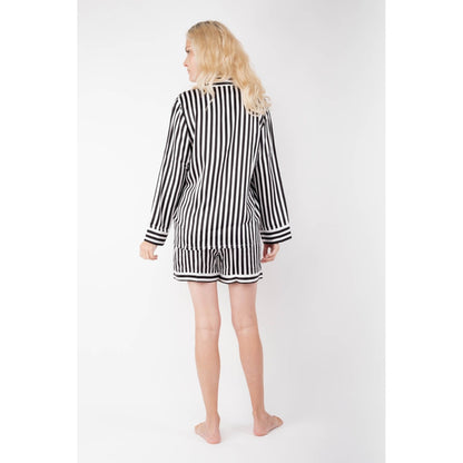 Back view of black striped silk pyjama set – LS Silk NZ