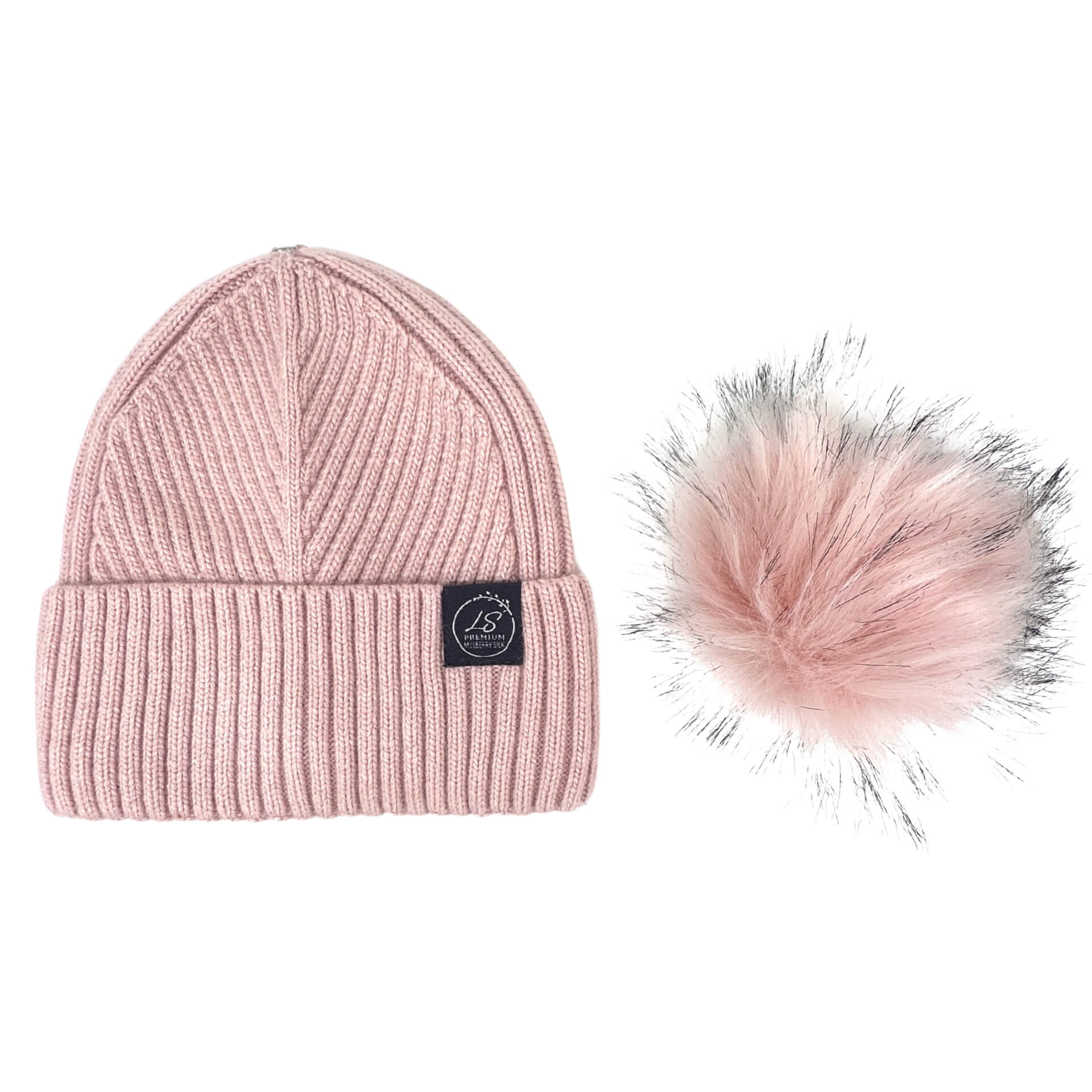 Pink silk-lined beanie with detached pink faux fur pom pom – LS Silk NZ