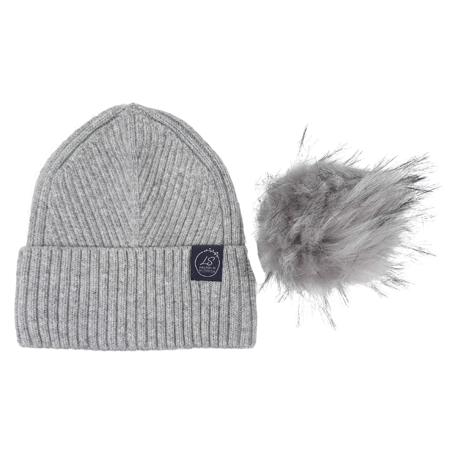 Grey silk-lined beanie with detached faux fur pom pom – LS Silk NZ