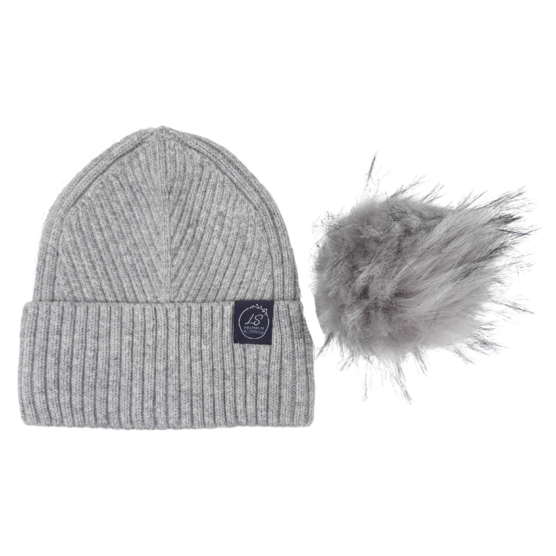 Grey silk-lined beanie with detached faux fur pom pom – LS Silk NZ