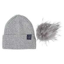 Load image into Gallery viewer, Mulberry Silk-Lined Slim Ribbed Beanie – Cashmere Blend with Removable Pom Pom -Grey
