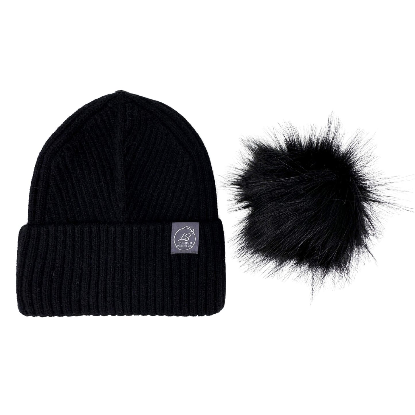 Black silk-lined beanie with detached faux fur pom pom – LS Silk NZ