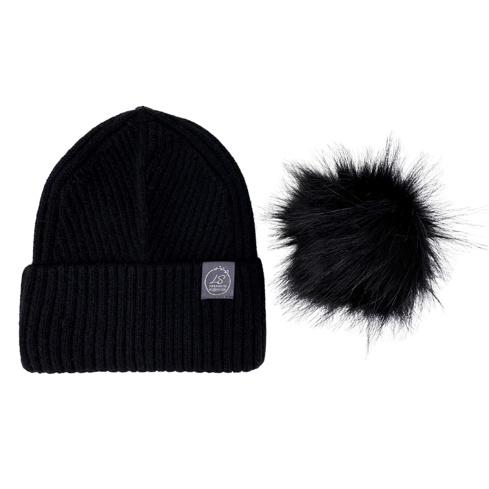 Black silk-lined beanie with detached faux fur pom pom – LS Silk NZ