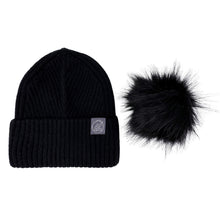 Load image into Gallery viewer, Mulberry Silk-Lined Slim Ribbed Beanie – Cashmere Blend with Removable Pom Pom -Black
